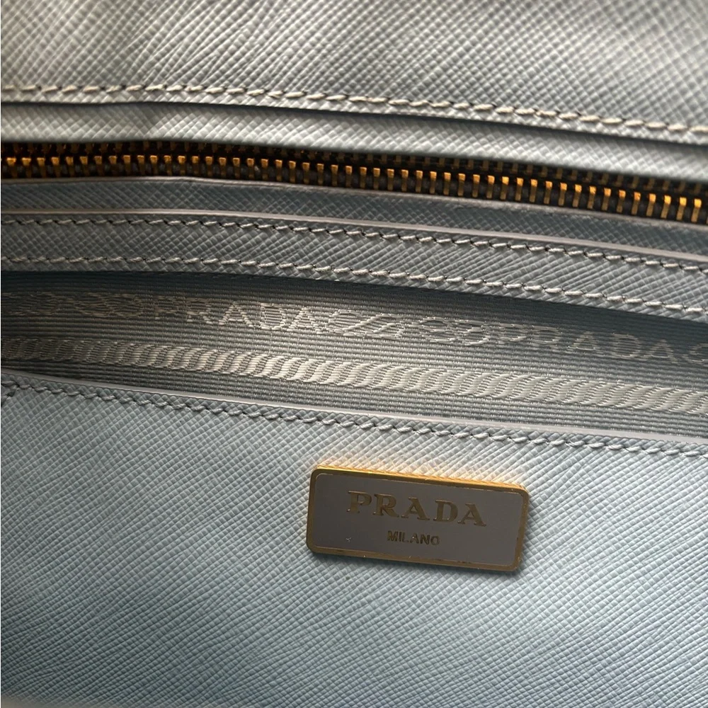 Prada Saffiano Large Double Zip Tote in Powder Blue (“Astrale”) Gold Hardware